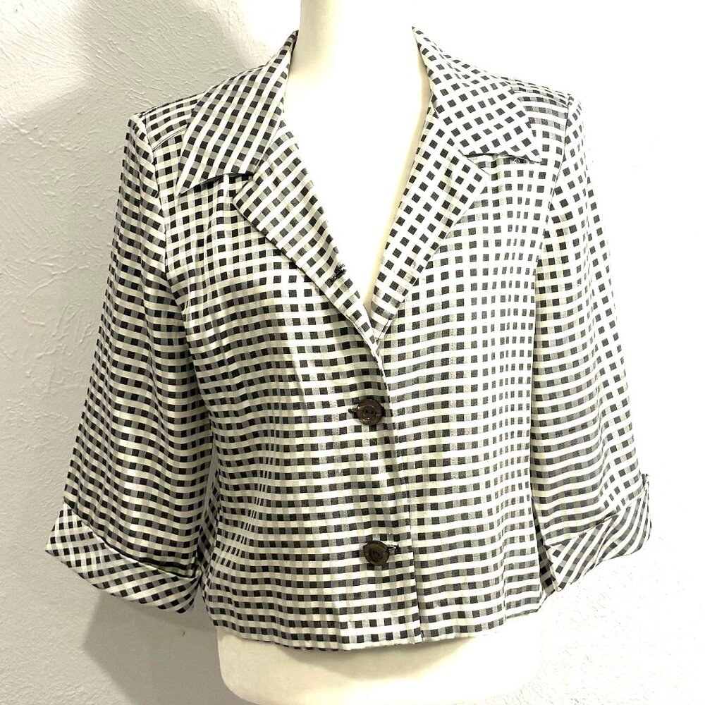 Gray/White Checked 3-Button Short Blazer Jacket, Size Medium, by Sweet
